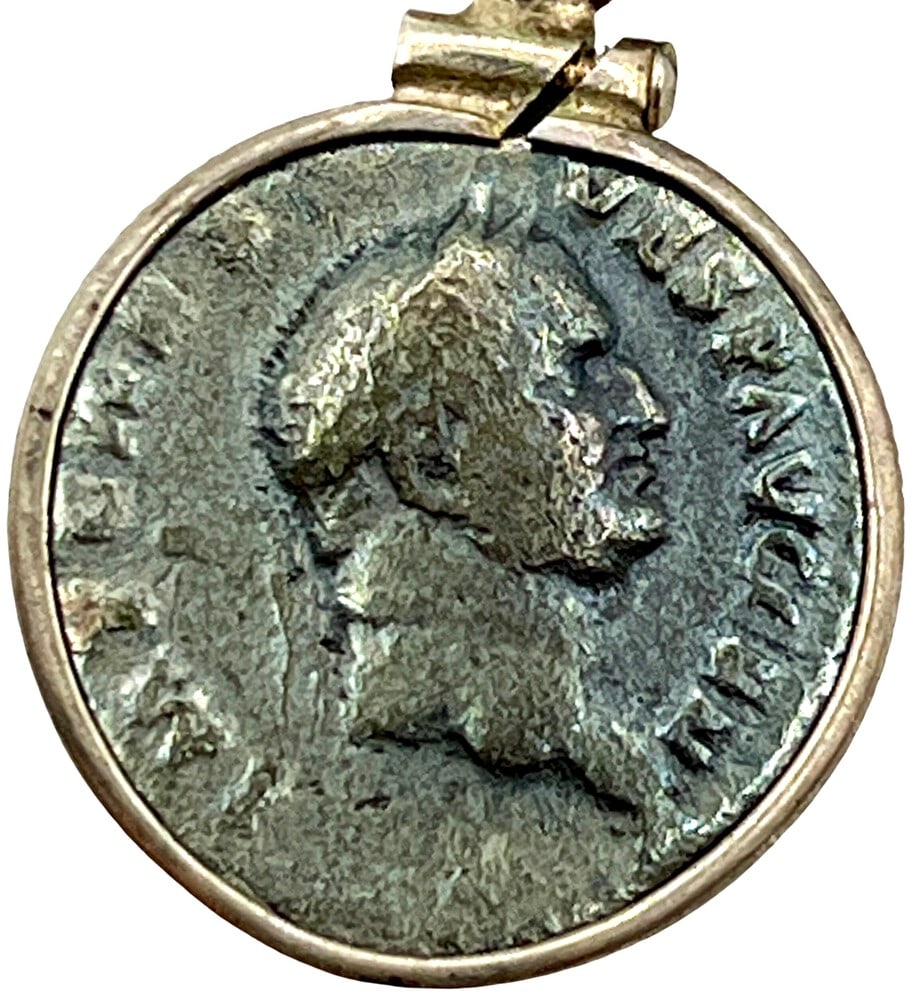 Ancient Roman Coin of Vespasian: Ancient Coin of Emperor Vespasian Pendant-A Piece of History. Own a piece of ancient history with this authentic silver coin, expertly transformed into a stunning pendant. (#400). Genuine ancient silv