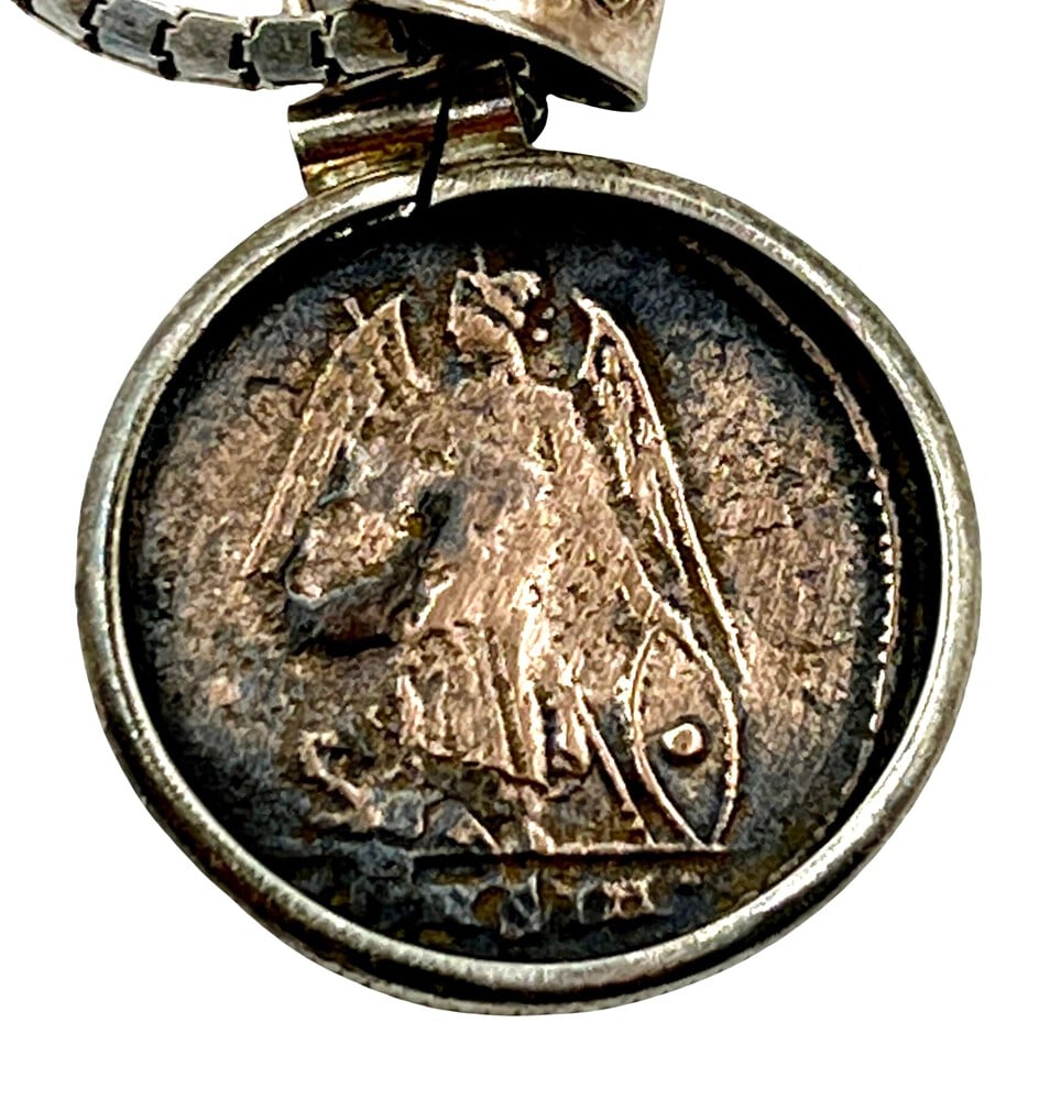 Angel and Emperor Constatine Coin: Ancient Angel and Emperor Constantine Coin Pendant-A Piece of History. Own a piece of ancient history with this authentic bronze coin, expertly transformed into a stunning pendant. (#277). Genuine