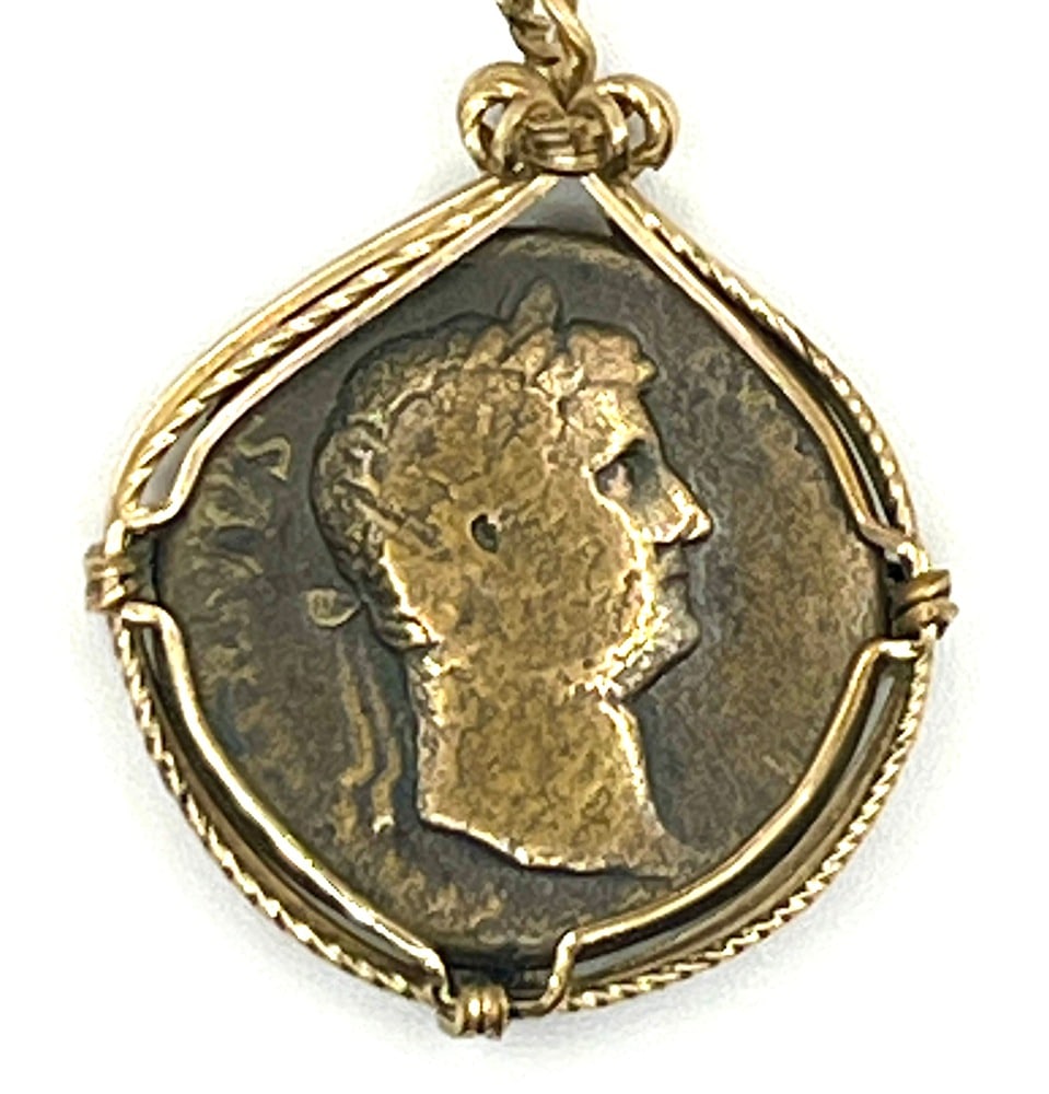 Emperor Hadrian Roman Coin: Ancient Bronze Emperor Hadrian Roman Coin Pendant-A Piece of History. Own a piece of ancient history with this authentic bronze coin, expertly transformed into a stunning pendant. (#204). Genuine anci