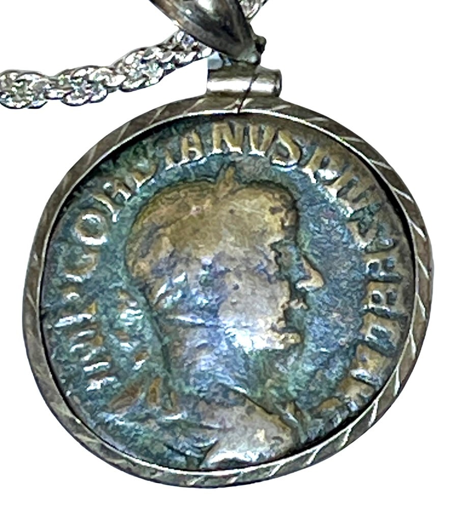 Roman Emperor Gordianus Coin: Ancient Bronze Roman Emperor Gordianus Coin Pendant-A Piece of History. Own a piece of ancient history with this authentic bronze coin, expertly transformed into a stunning pendant. (#408). Genuine