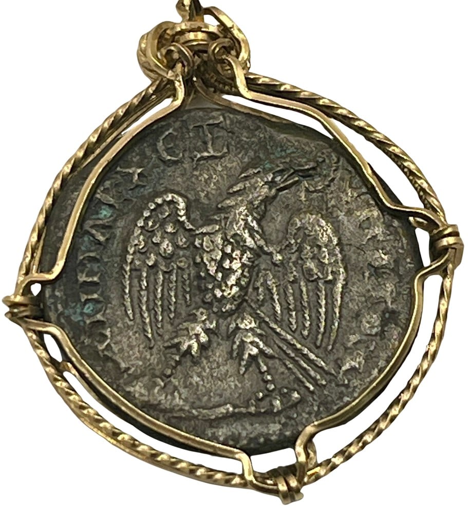 Roman Emperor Caracalla Ancient Coin: Acquire a piece of ancient history with this genuine bronze coin, featuring Emperor Caracalla and an Eagle, masterfully converted into an exquisite pendant necklace. A very rare and significant piece