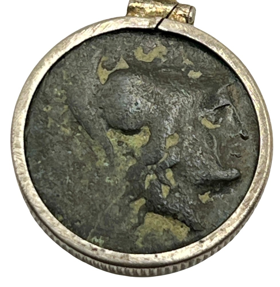 Ancient Coin of Athena: Acquire a piece of ancient history with this genuine bronze coin, featuring Athena, masterfully converted into an exquisite pendant necklace. A very rare and significant piece of history! (#285). -