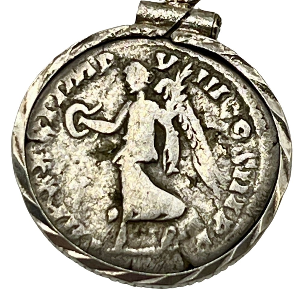 Angel Coin with Emperor Hadrian: Acquire a fragment of ancient history with this genuine silver coin, featuring an Angel and Emperor Hadrian, masterfully converted into an exquisite pendant necklace. (#278). - Authentic ancient