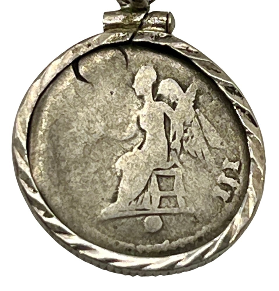 Ancient Angel Coin: Acquire a fragment of ancient history with this genuine silver coin, featuring an Angel and Emperor Hadrian, masterfully converted into an exquisite pendant necklace. (#279). - Authentic ancient bronz