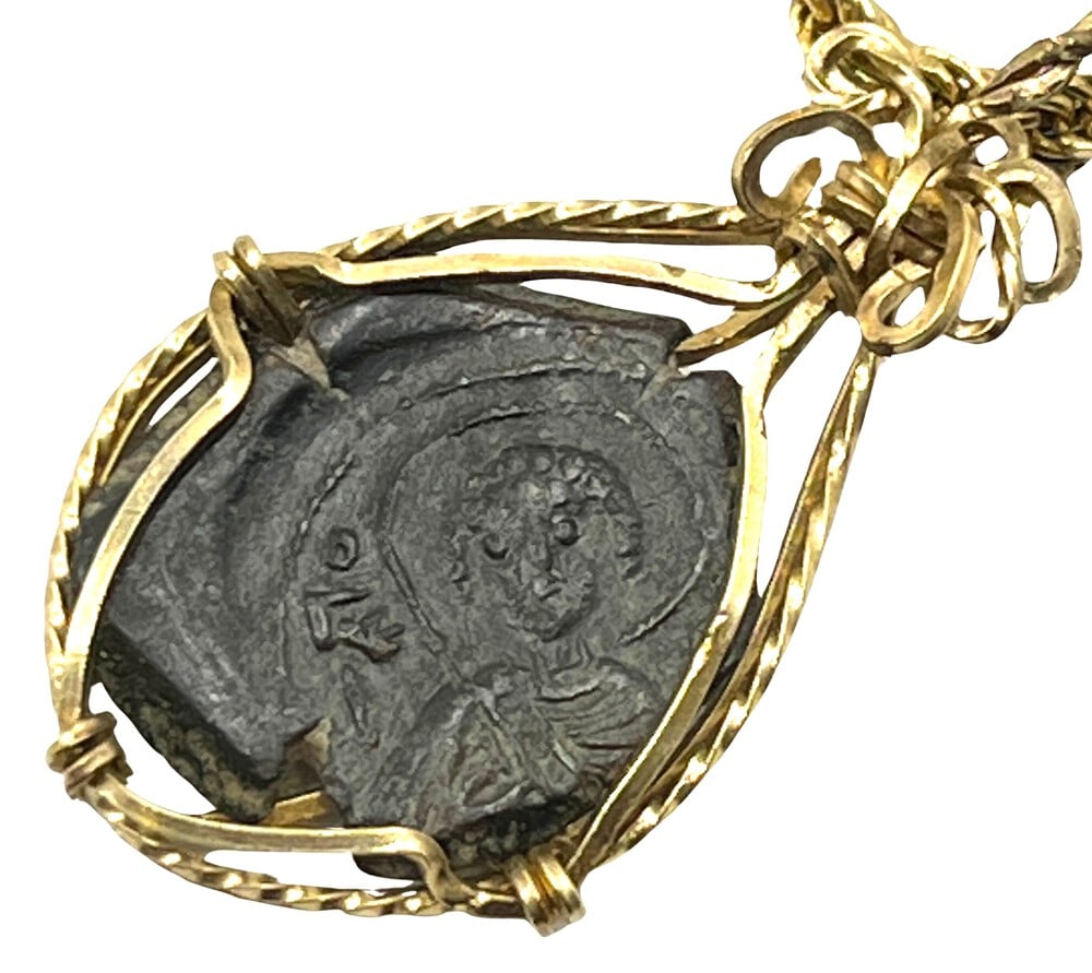 Unusual Ancient Coin of Jesus: Acquire a fragment of ancient history with this genuine bronze coin, the earliest known to bear the likeness of Jesus Christ, masterfully converted into an exquisite pendant necklace. (#276). - Authen