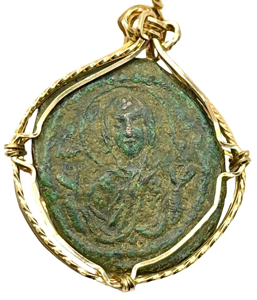 Beautiful Coin of Jesus and Mary: Acquire a fragment of ancient history with this genuine bronze coin, the earliest known to bear the likeness of Jesus Christ and Mary, masterfully converted into an exquisite pendant necklace. (#139).