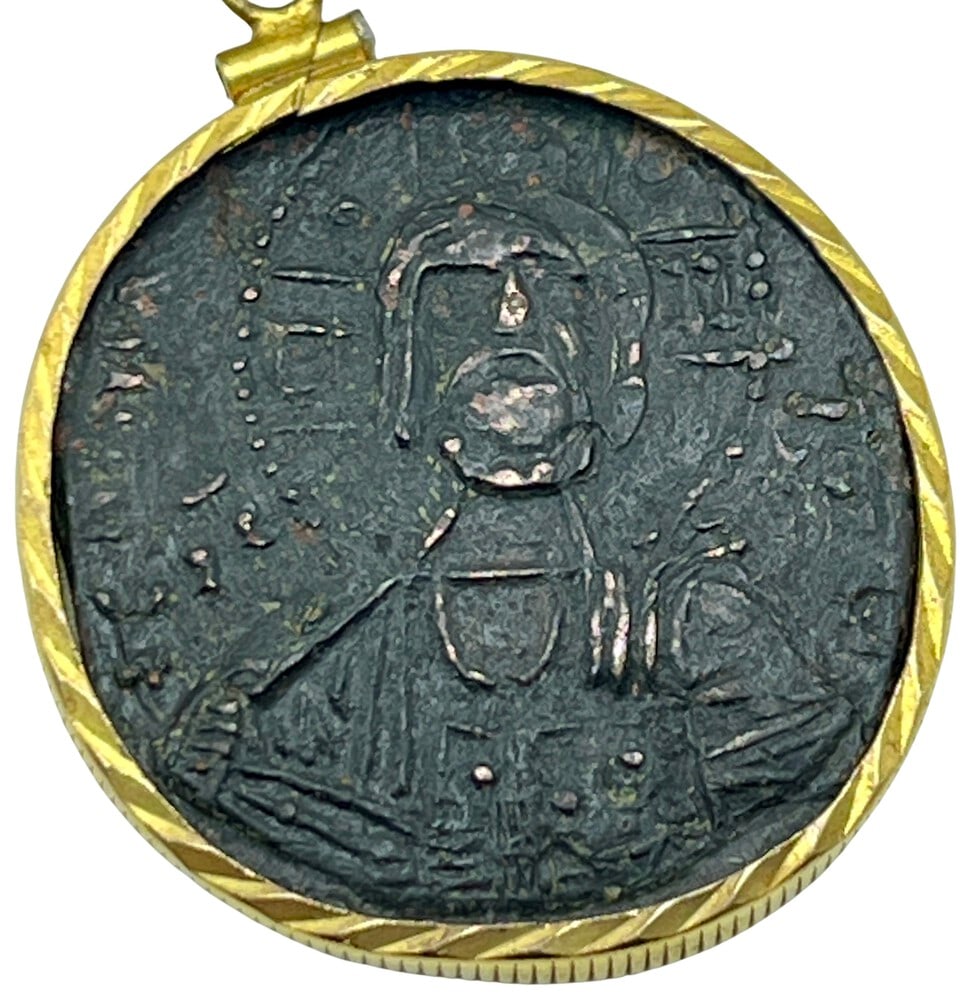 Ancient Coin of Jesus: Acquire a fragment of ancient history with this genuine bronze coin, the earliest known to bear the likeness of Jesus Christ, masterfully converted into an exquisite pendant necklace. (#410). - Authen