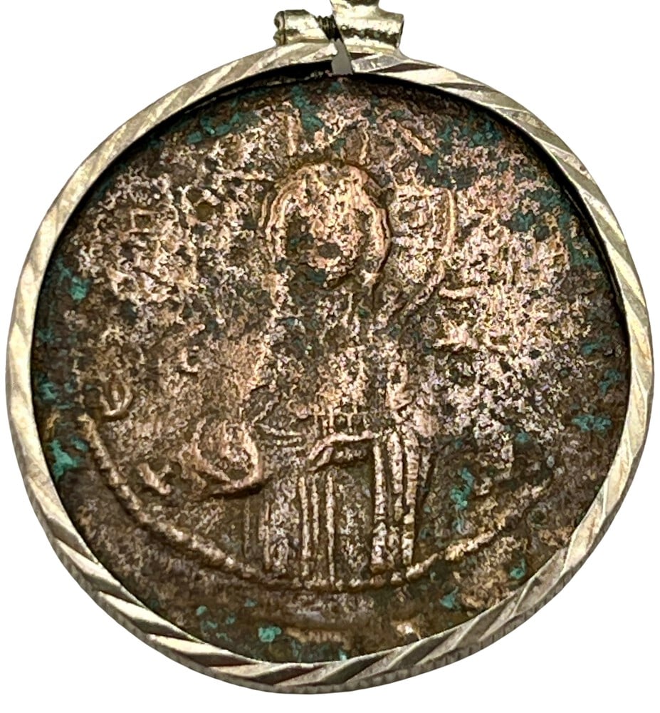 Jesus Coin from Constantinople: Acquire a fragment of ancient history with this genuine bronze coin, the earliest known to bear the likeness of Jesus Christ, masterfully converted into an exquisite pendant necklace. (#83). - Authent