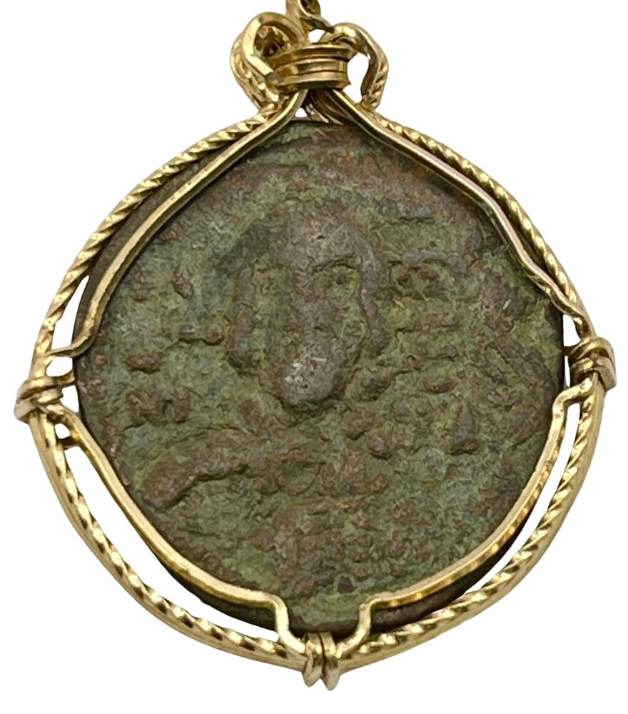 First Coin of Jesus: Acquire a fragment of ancient history with this genuine bronze coin, the earliest known to bear the likeness of Jesus Christ, masterfully converted into an exquisite pendant necklace. (#208). - Authen