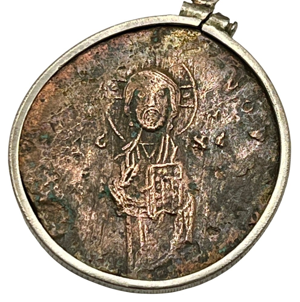 First Coin of Jesus: Acquire a fragment of ancient history with this genuine bronze coin, the earliest known to bear the likeness of Jesus Christ, masterfully converted into an exquisite pendant necklace. (#9A). - Authent