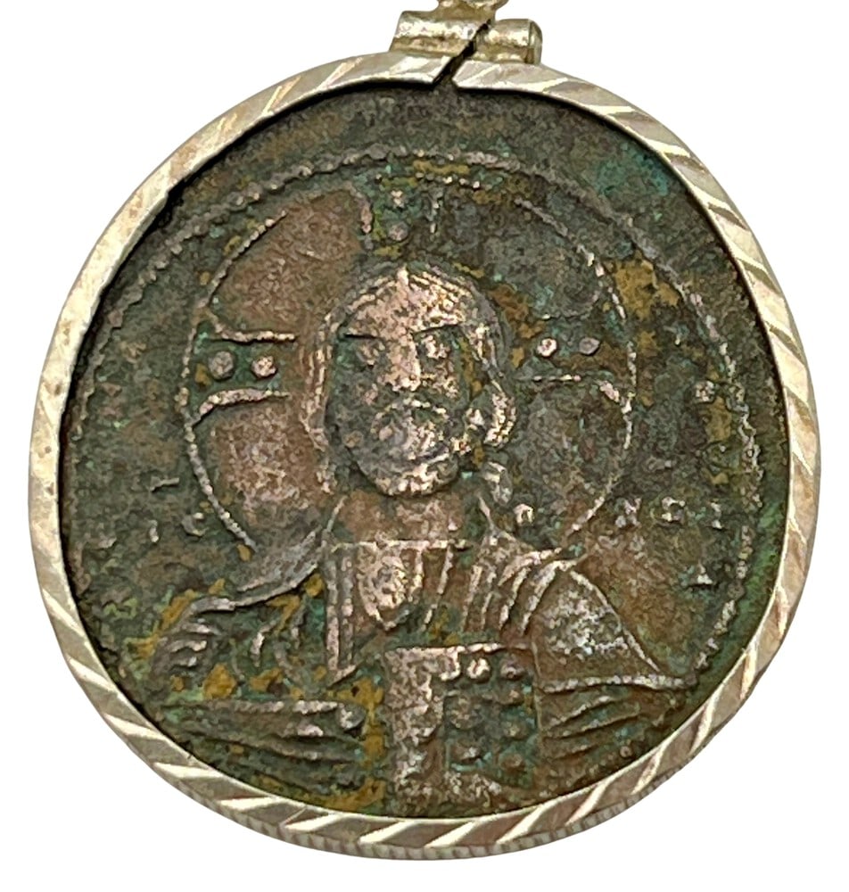 Jesus Coin, 1,000 Years Old: Acquire a fragment of ancient history with this genuine bronze coin, the earliest known to bear the likeness of Jesus Christ, masterfully converted into an exquisite pendant necklace. (#13A). - Authen