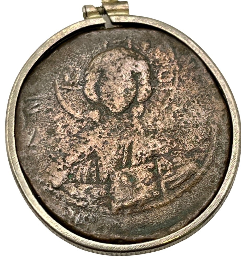 Jesus Coin, 1,000 Years Old: Acquire a fragment of ancient history with this genuine bronze coin, the earliest known to bear the likeness of Jesus Christ, masterfully converted into an exquisite pendant necklace. (#82A). -