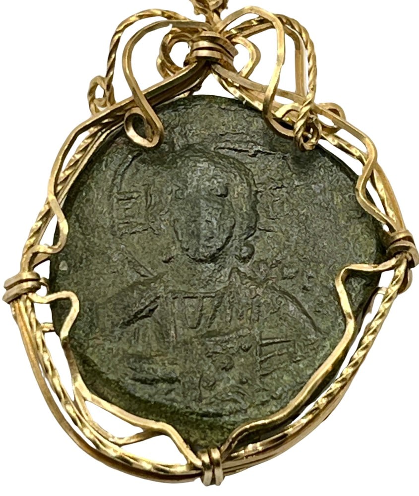 First Coin of Jesus Christ: Acquire a fragment of ancient history with this genuine bronze coin, the earliest known to bear the likeness of Jesus Christ, masterfully converted into an exquisite pendant necklace. (#306). - Authen