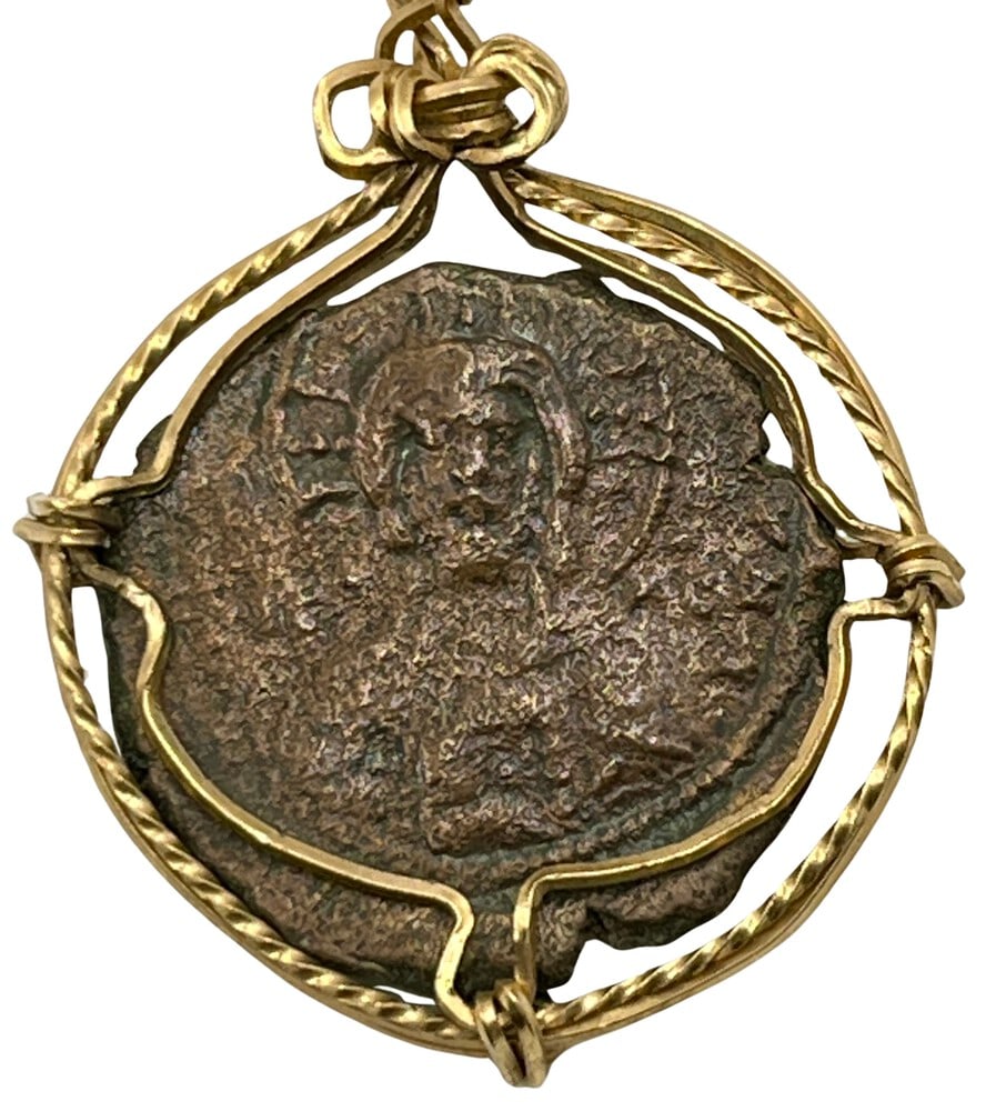 First Coin of Jesus from Constantinople: First Coin of Jesus as a Pendant Necklace-A Piece of History. Own a piece of ancient history with this authentic bronze coin, the first known coin to feature the image of Jesus Christ, expertly transf