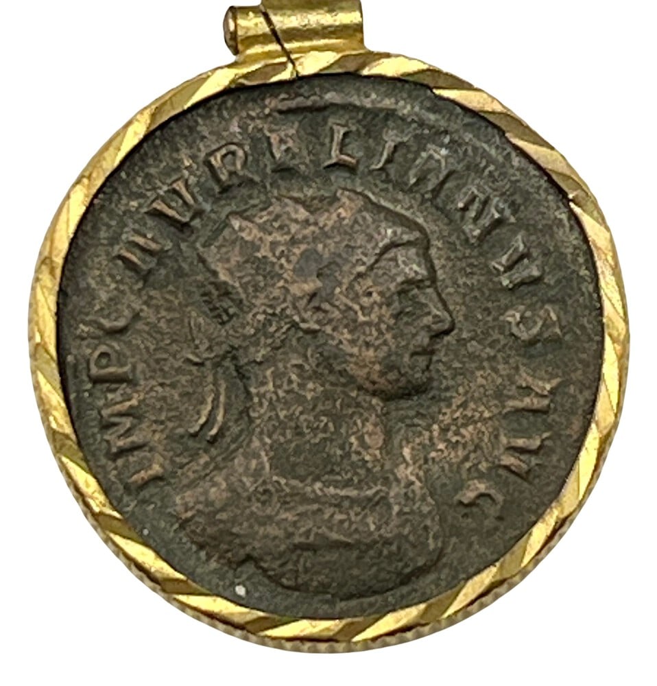 Emperor Aurelian Coin Pendant: Roman Emperor Aurelian authentic bronze coin, expertly transformed into a stunning pendant necklace. (#51). Genuine ancient bronze coin (circa 200 AD). Beautifully mounted in a pendant setting,