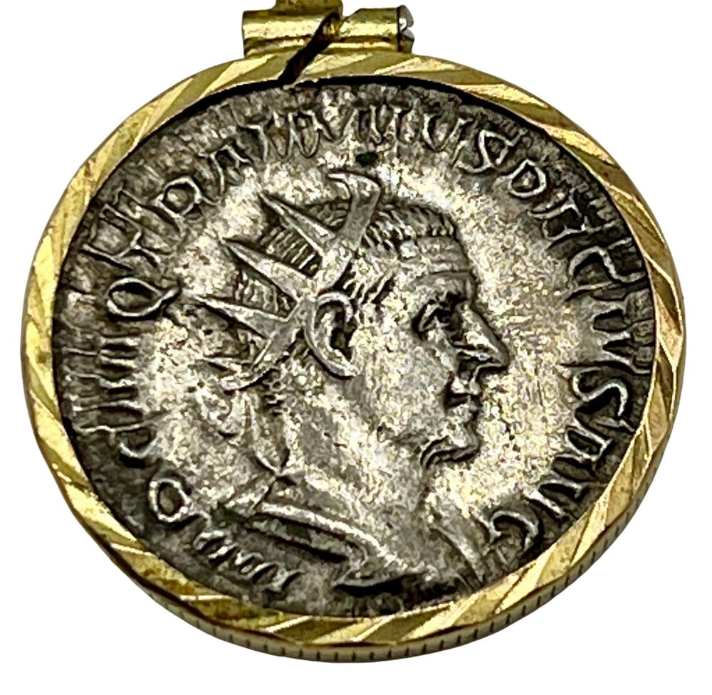 Angel Pendant with Emperor Philip Coin: Roman Emperor Philip I and Angels authentic silver coin, expertly transformed into a stunning pendant necklace. (#170). Genuine ancient silver coin (circa 235 AD). Beautifully mounted in a pendant