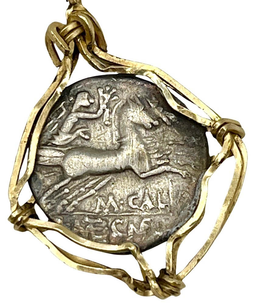 Roman Chariot and Gladiator Coin: Roman Gladiator and Chariot, authentic silver coin, expertly transformed into a stunning pendant necklace. (#28). Genuine ancient silver coin (circa 100 BCE). Beautifully mounted in a pendant