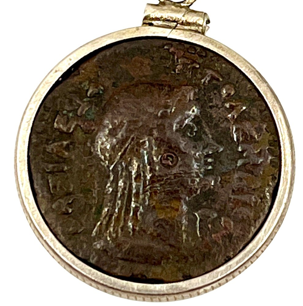 Ancient Egyptian Coin of Cleopatra: Very Rare Cleopatra authentic bronze coin, expertly transformed into a stunning pendant necklace. (#385). Genuine ancient bronze coin (circa 100 BCE). Beautifully mounted in a pendant setting, showcas
