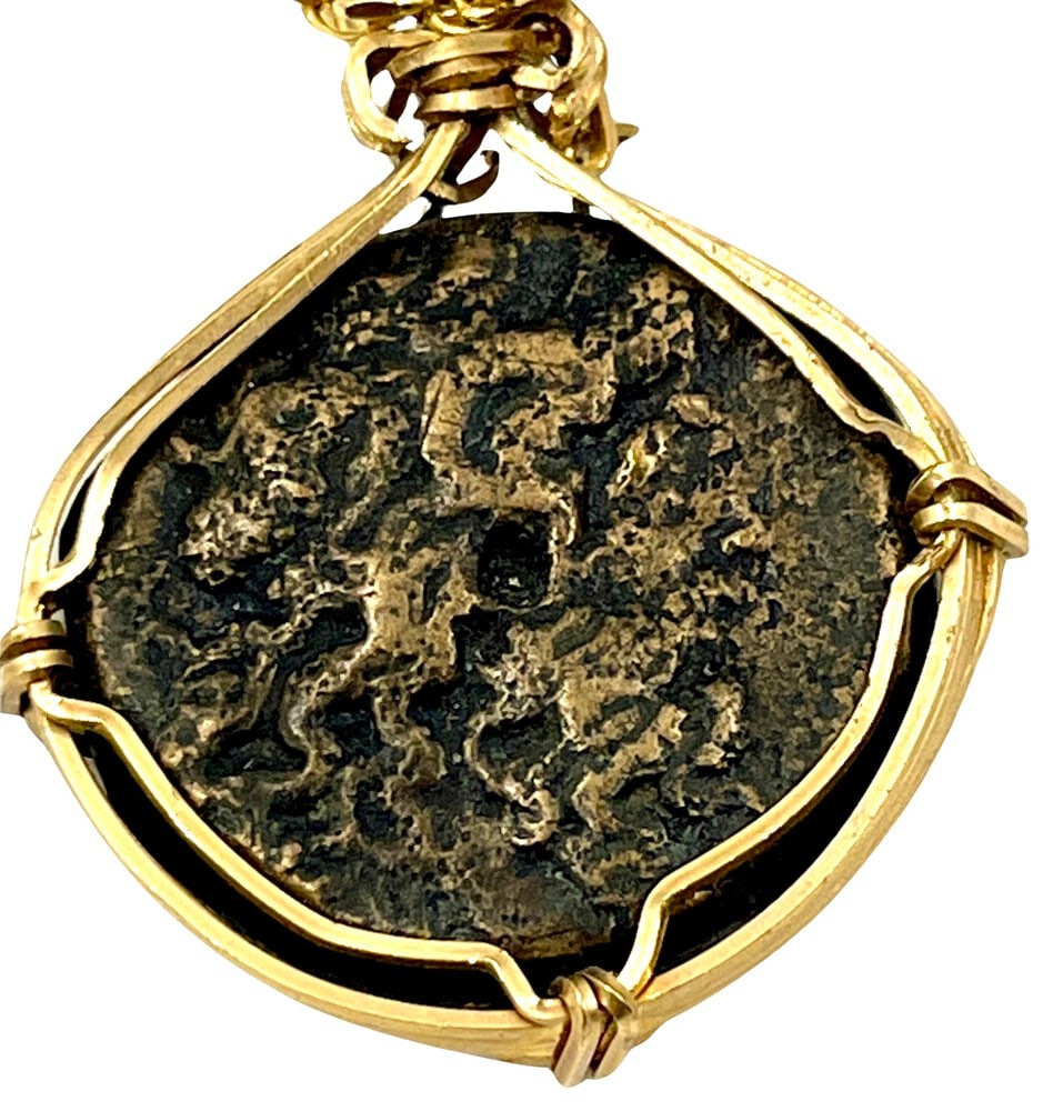 Ancient Greek Coin of Zeus: Greek Image of Zeus and Eagle, authentic bronze coin, expertly transformed into a stunning pendant necklace. (#377). Genuine ancient bronze coin (circa 300 BCE). Beautifully mounted in a pendant