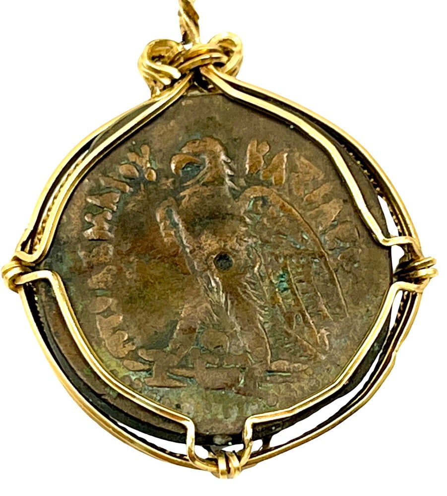 Ancient Greek Coin of Zeus: Greek Image of Zeus and Eagle, authentic bronze coin, expertly transformed into a stunning pendant necklace. (#382). Genuine ancient bronze coin (circa 300 BCE). Beautifully mounted in a pendant