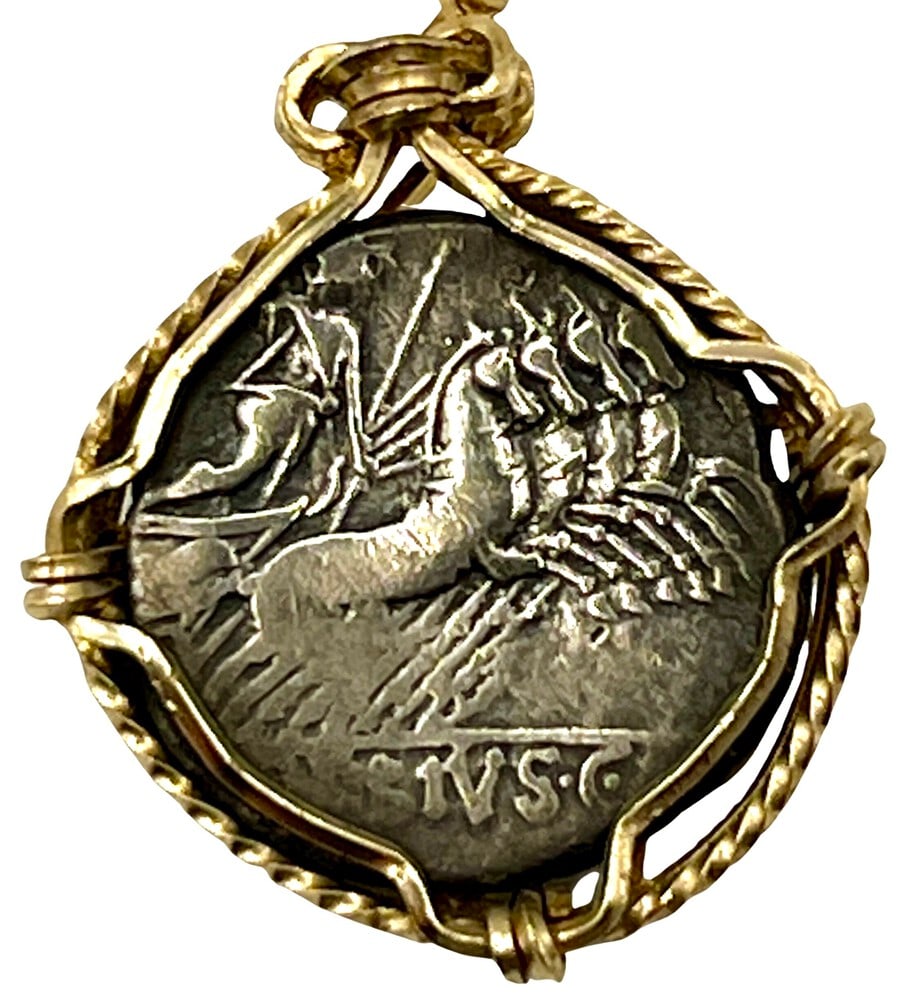 Ancient Roman Chariot Coin: Ancient Coin of Roman Chariot and Goddess Roma Pendant-A Piece of History. Own a piece of ancient history with this authentic silver coin, expertly transformed into a stunning pendant. (#219).