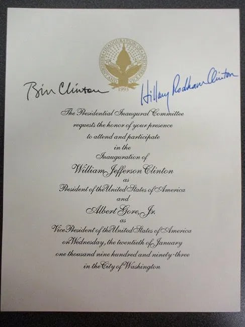 Presidential Legacy Commemorated: Bill and Hillary Clinton Dual-Signed Inaugural Invitation w/COA (1 of 1)