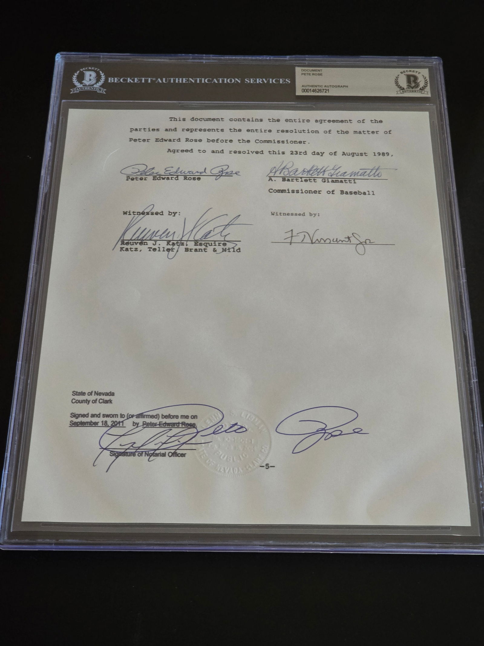 Pete Rose Autographed Ban Resolution Document BECKETT COA (1 of 3)