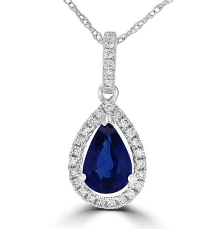Certified 6.5 Carat Pear Cut Lab Grown Sapphire Pendant 14KT Solid White Gold: Certified 6.5 Carat Pear Cut Lab Grown Sapphire Pendant 14KT Solid White Gold - Side stone 0.60 Ct Lab Grown Diamonds D vs1 Round Cut