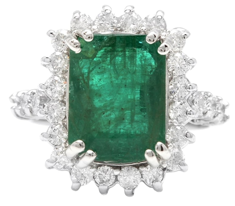 Certified 10.50 Carat Natural Zambian Green Emerald & Natural Diamond 14kt Solid White Gold (1 of 3)