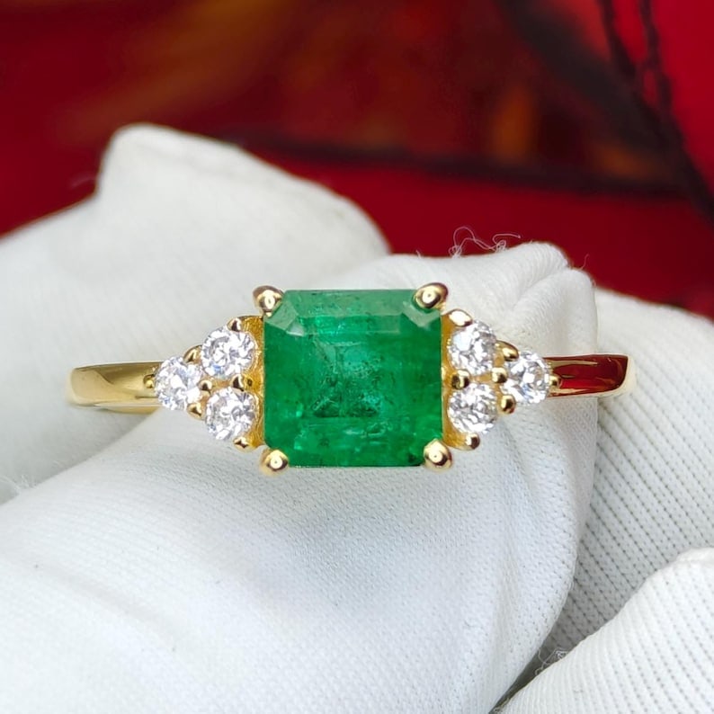 Certified 4.00 Carat Asscher Cut Natural Zambian Green Emerald & Natural Diamond 14kt Solid Yellow: Certified 4.00 Carat Asscher Cut Natural Zambian Green Emerald - Asscher Cut & Natural Diamond 14kt Solid Yellow Gold Engagement Ring - Side Stones 0.40 ct Natural Diamond VS1 G-H Color Round Cut Ring