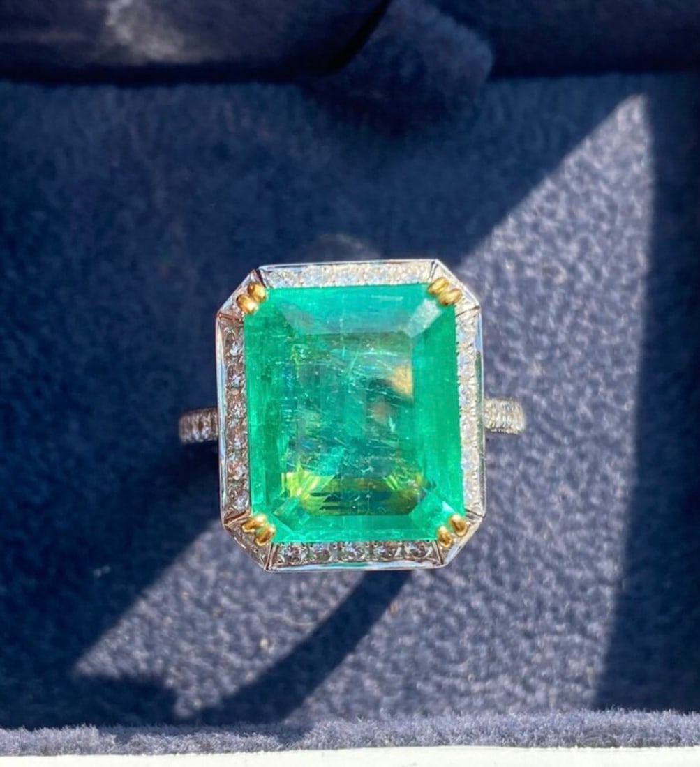 Certified 12.00 Carat Emerald Cut Natural Zambian Green Emerald & Natural Diamond 14kt Solid White (1 of 3)