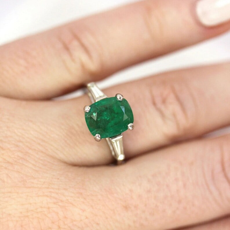 Certified 5.00 Carat Long Cushion Cut Natural Zambian Green Emerald & Natural Diamond 14kt Solid (1 of 4)