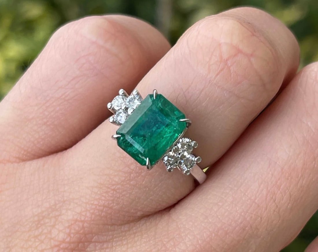 Certified 5.50 Carat Emerald Cut Natural Zambian Green Emerald & Natural Diamond 14kt Solid White (1 of 6)