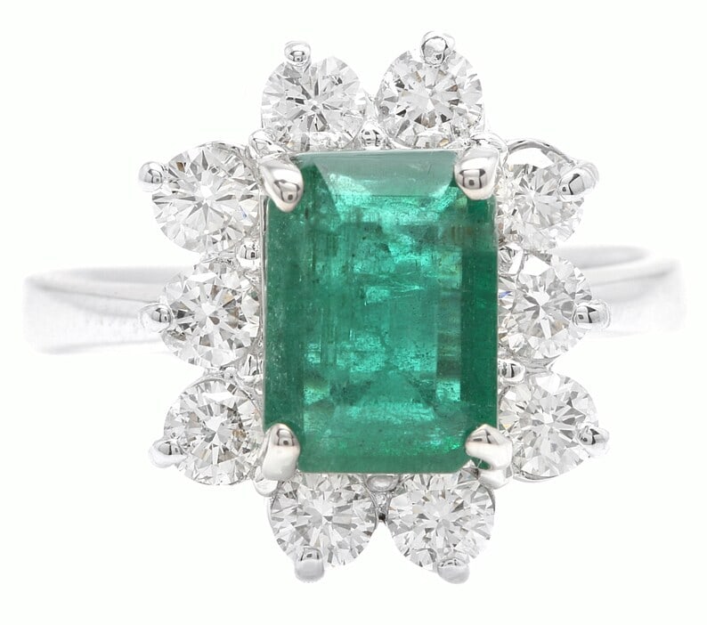 Certified 7 Carat Emerald Cut Natural Zambian Green Emerald & Natural Diamond 14kt Solid White Gold (1 of 5)