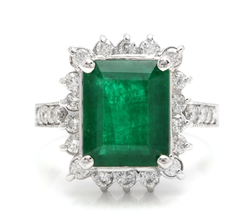 Certified 8.50 Carat Emerald Cut Natural Zambian Green Emerald & Natural Diamond 14kt Solid White (1 of 4)