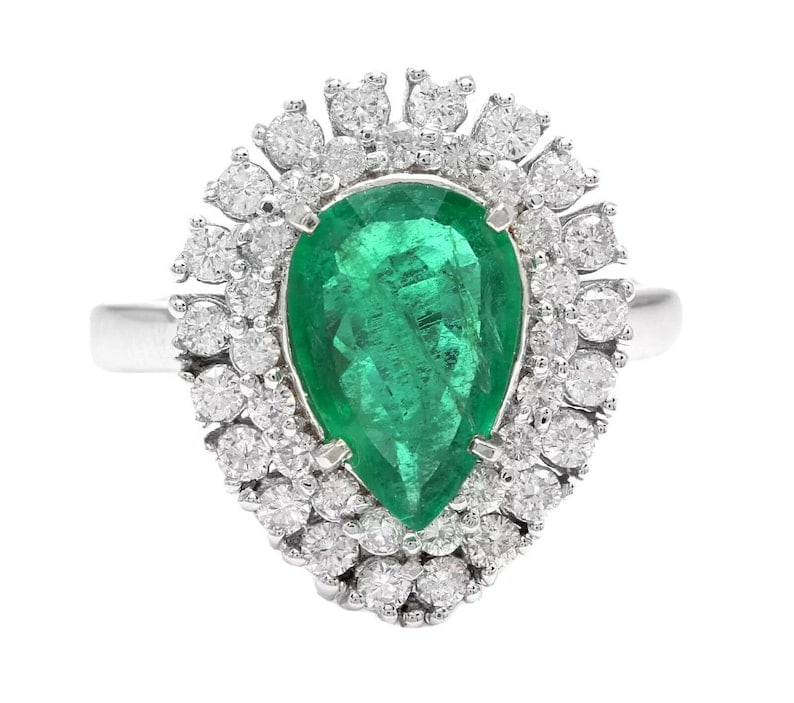 Certified 6.5 Carat Pear Cut Natural Zambian Green Emerald & Natural Diamond 14kt Solid White Gold: Certified 6.5 Carat Pear Cut Natural Zambian Green Emerald & Natural Diamond 14kt Solid White Gold Engagement Ring - Side Stones 0.70 ct Natural Diamond VS1 G-H Color Round Cut Ring Size US 6.5 - Free
