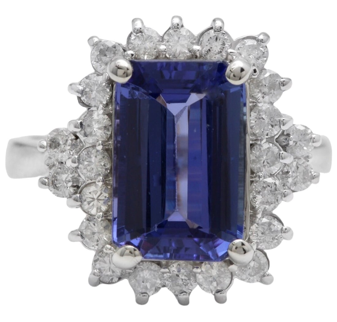 Certified 8 Carat Emerald Cut Natural Tanzanite & Natural Diamond 14kt Solid White Gold Engagement (1 of 5)