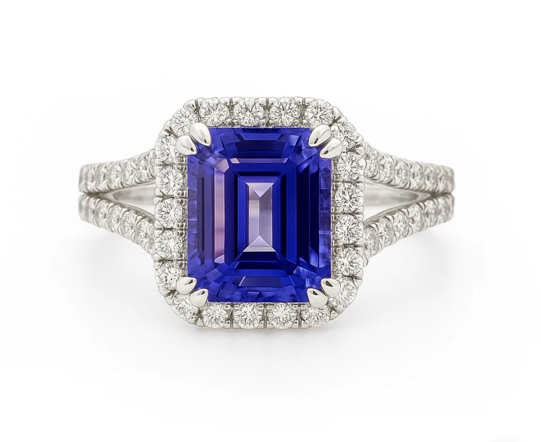 Certified 5 Carat Emerald Cut Natural Tanzanite & Natural Diamond 14kt Solid White Gold Engagement: Certified 5 Carat Emerald Cut Natural Tanzanite & Natural Diamond 14kt Solid White Gold Engagement Ring - Side Stones 0.60 ct Natural Diamond VS1 G-H Color Round Cut Ring Size US 6- Free Ring Reisze