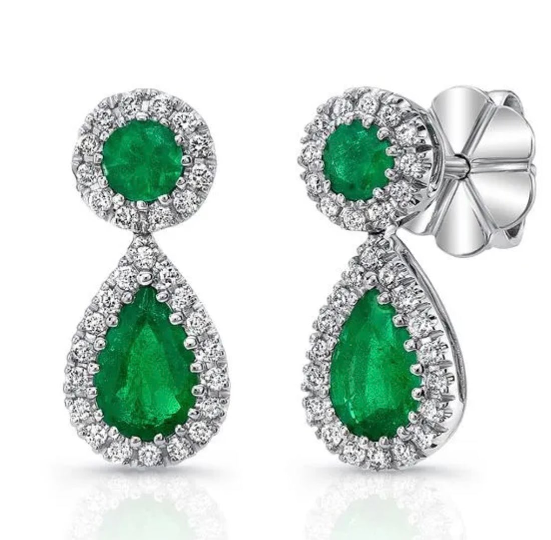 Certified 8 Carat Natural Zambian Green Emerald & Natural Diamond 14kt Solid White Gold Earrings: Certified 8 Carat Pear & Round Cut Natural Zambian Green Emerald & 0.55 Ct VS1 - G-H Color Round Cut Natural Diamond 14kt Solid White Gold Earrings