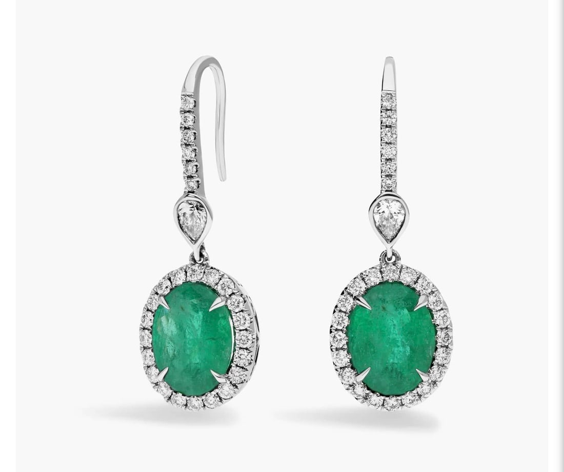 Certified 7 Carat Natural Zambian Green Emerald & Natural Diamond 14kt Solid White Gold Earrings (1 of 2)