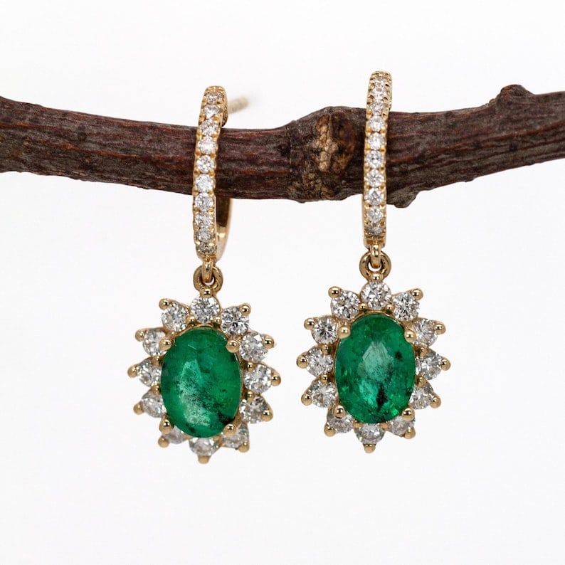 Certified 4 Carat Natural Zambian Green Emerald & Natural Diamond 14kt Solid Yellow Gold Earrings: Certified 4 Carat Oval Cut Natural Zambian Green Emerald & Round Cut 0.50 Ct SI1 - H Color Natural Diamond 14kt Solid Yellow Gold Earrings