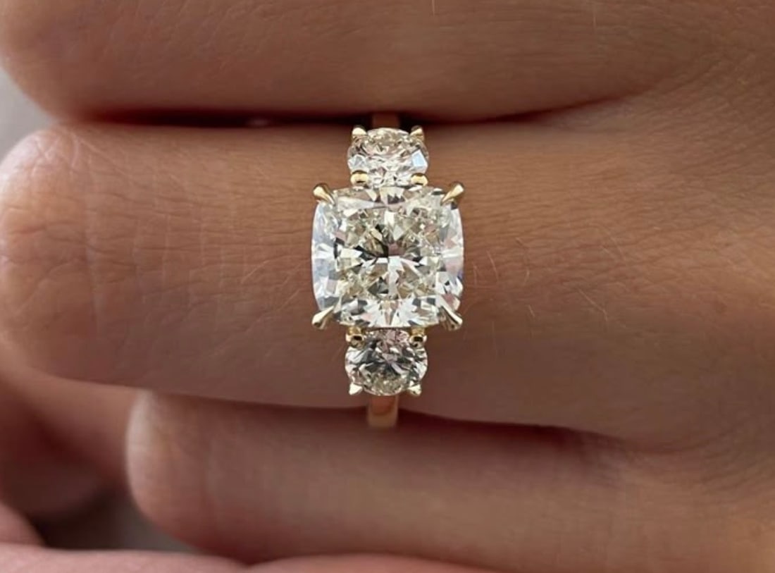 Certified 3.00 Carat Lab Grown Diamond VVS1 - D Color 14kt Solid White Gold Engagement Ring: Certified 3.00 Carat Cushion Cut Lab Grown Diamond VVS1 - D Color 14kt Solid White Gold Engagement Ring - Side Stone Lab Grown Diamond Round Cut 0.60 Ct VS1 - F Color - Ring Size US 6