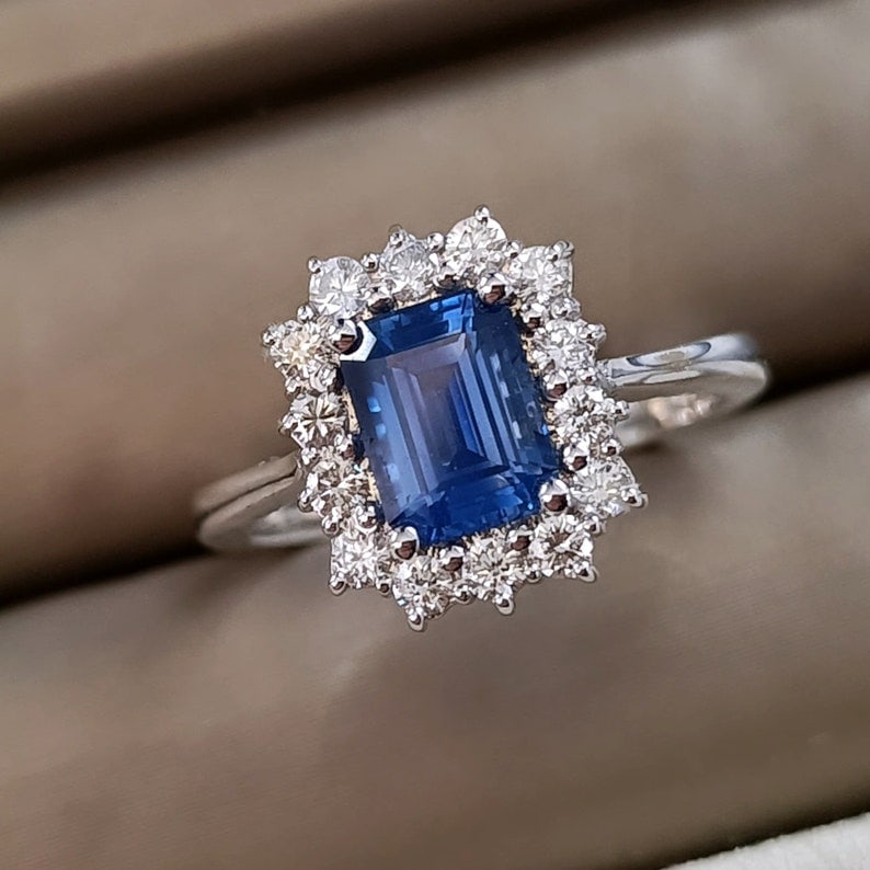 Certified 5 Carat Emerald Cut Lab Grown Blue Sapphire 925 Sterling Silver Engagement Ring: Certified 5 Carat Emerald Cut Lab Grown Blue Sapphire 925 Sterling Silver Engagement Ring - Side Stones Lab Diamonds 0.60 Ct VS1 - D Coloor Round Cut - Ring Size US 7 - Free Ring Reisze