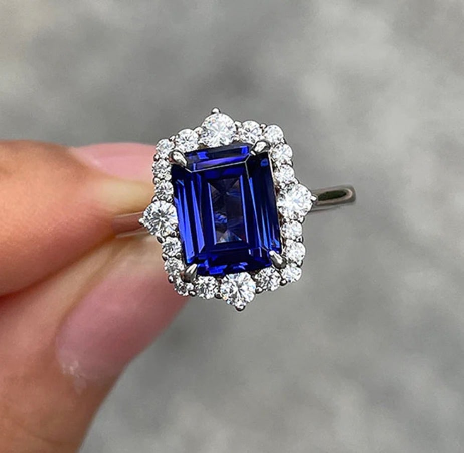 Certified 8.5 Carat Emerald Cut Lab Grown Blue Sapphire 925 Sterling Silver Engagement Ring: Certified 8.5 Carat Emerald Cut Lab Grown Blue Sapphire 925 Sterling Silver Engagement Ring - Side Stones Lab Diamonds 0.60 Ct VS1 - D Coloor Round Cut - Ring Size US 6.5 - Free Ring Reisze