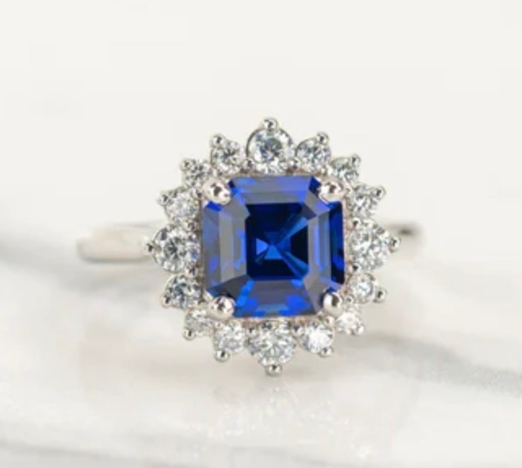 Certified 4.00 Carat Asscher Cut Lab Grown Blue Sapphire 925 Sterling Silver Engagement Ring: Certified 4.00 Carat Asscher Cut Lab Grown Blue Sapphire 925 Sterling Silver Engagement Ring - Side Stones Lab Diamonds 0.50 Ct VS1 - D Coloor Round Cut - Ring Size US 6 - Free Ring Reisze