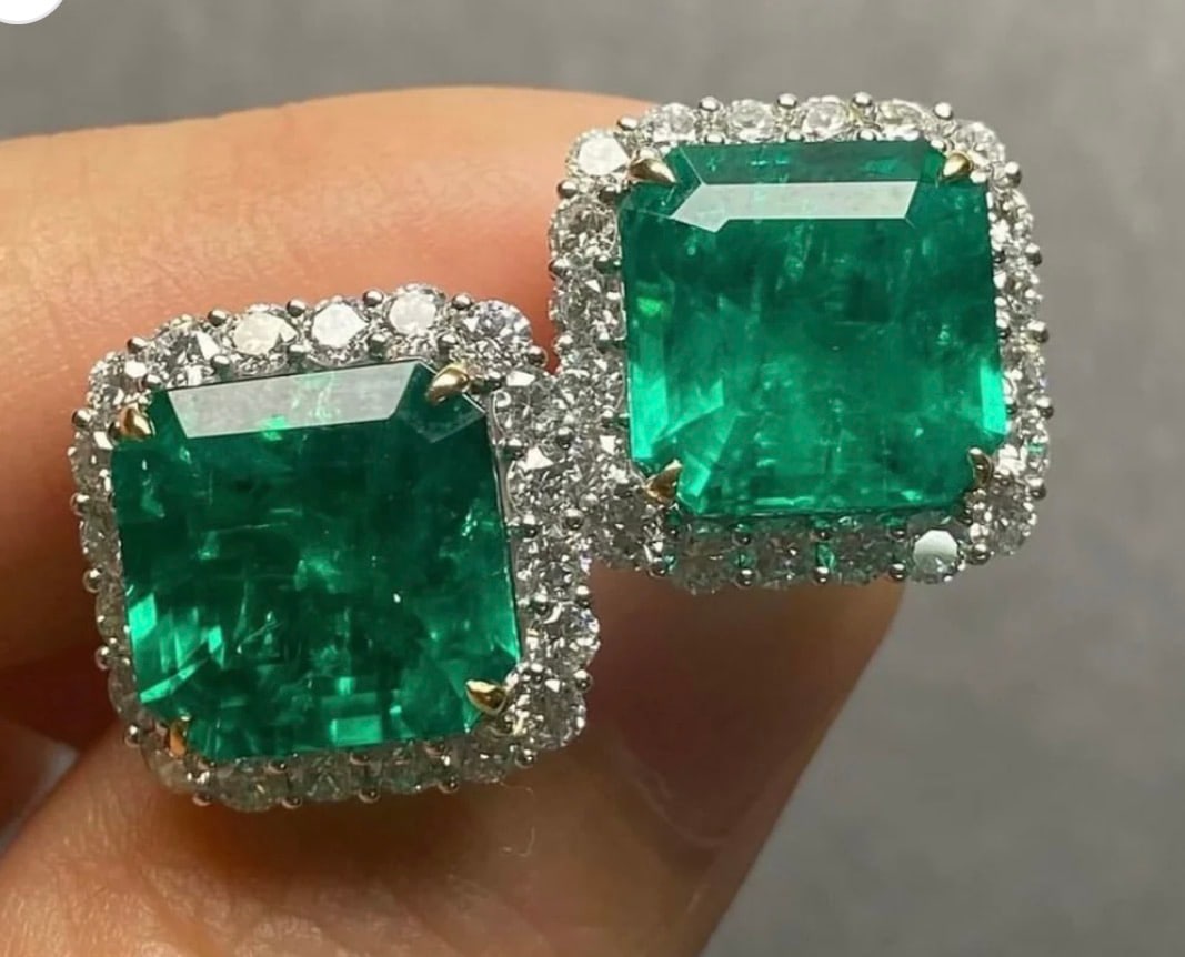 Certified 12 Carat Lab Grown Green Emerald 925 Sterling Silver Earrings: Certified 12 Carat Lab Grown Green Emerald 925 Sterling Silver Earrings - Side Stones Lab Diamonds 0.60 Ct VS1 - D Coloor Round Cut