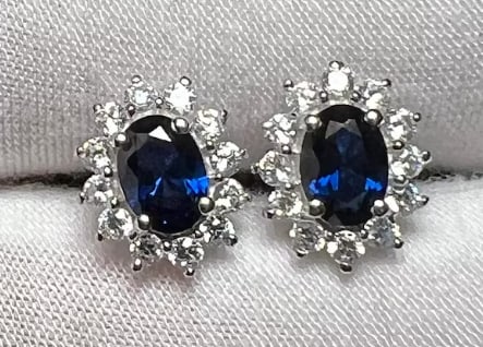 Certified 10 Carat Oval Cut Lab Grown Blue Sapphire Halo Stud Earrings -925 Sterling Silver (1 of 3)