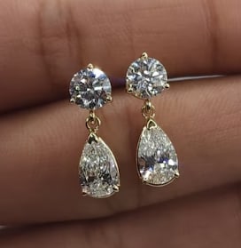 Certified 6 Carat Round & Pear Cut D VVS1 Lab Grown Diamond Earrings 14KT Solid Yellow Gold: Certified 6 Carat Round & Pear Cut D VVS1 Lab Grown Diamond Earrings 14KT Solid Yellow Gold