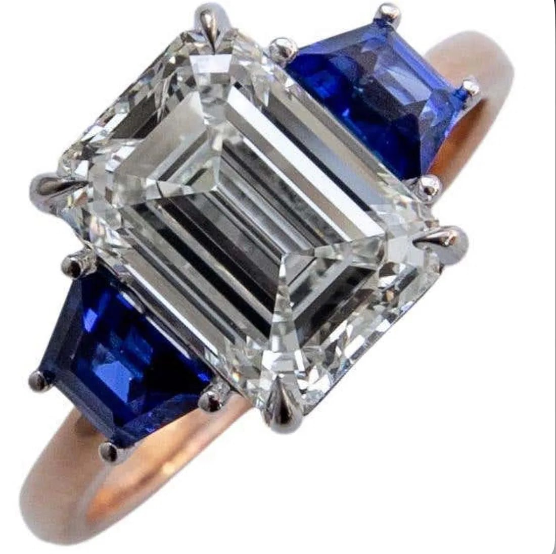 Certified 8 Ct.14kt Solid Rose Lab Grown Diamond Emerald Cut Engagement ring: Certified 8 Ct.14kt Solid Rose Lab Grown Diamond Emerald Cut Engagement ring - Side Stone Lab Grown Sapphire 0.80 Ct Ring Size US - 6