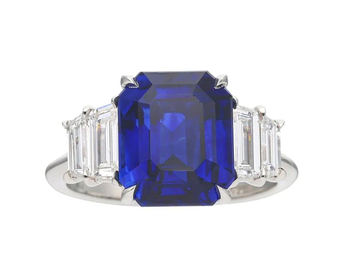 Certified 10 Ct.14kt Solid White Lab Grown sapphire Emerald Cut Engagement ring: Certified 10.00 Ct.14kt Solid White Lab Grown sapphire Emerald Cut Engagement ring - Side Stone is lab grown Diamonds vs1 e color Fnacy cut 0.90 Ct Ring Size US 6